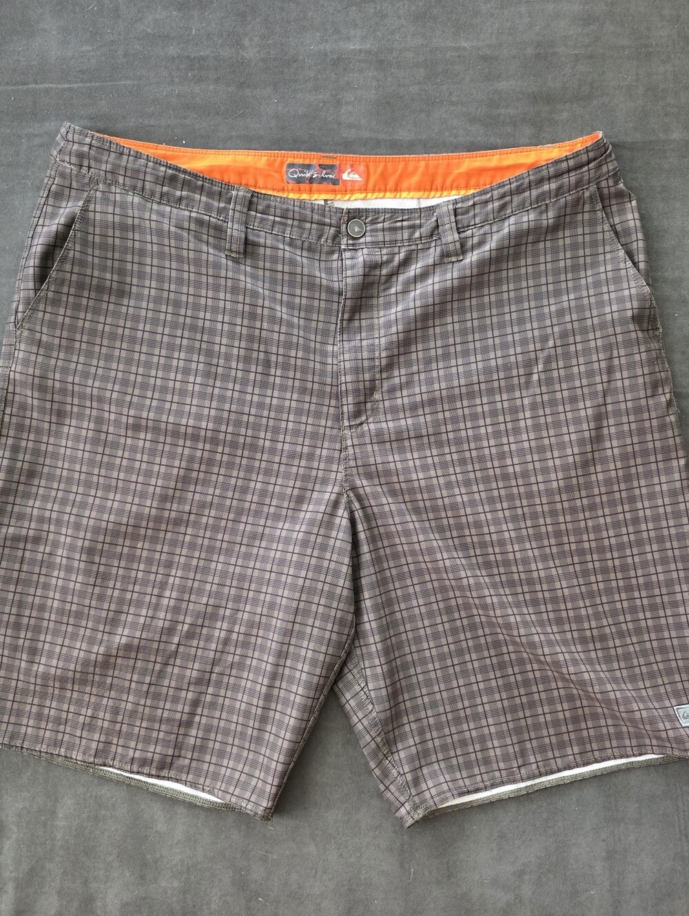 Vintage Quiksilver Brown Plaid Board Shorts with Orange Waistline